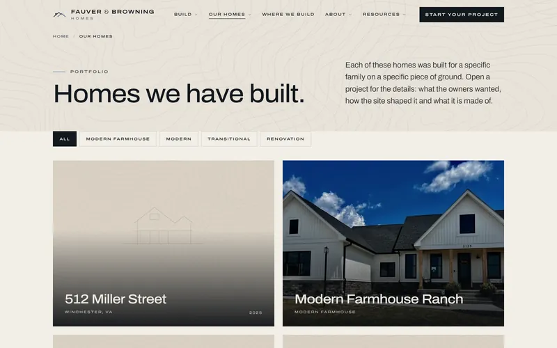 Homes we have built portfolio page with style filters