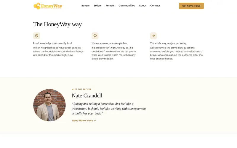 The HoneyWay way values and the meet the broker section