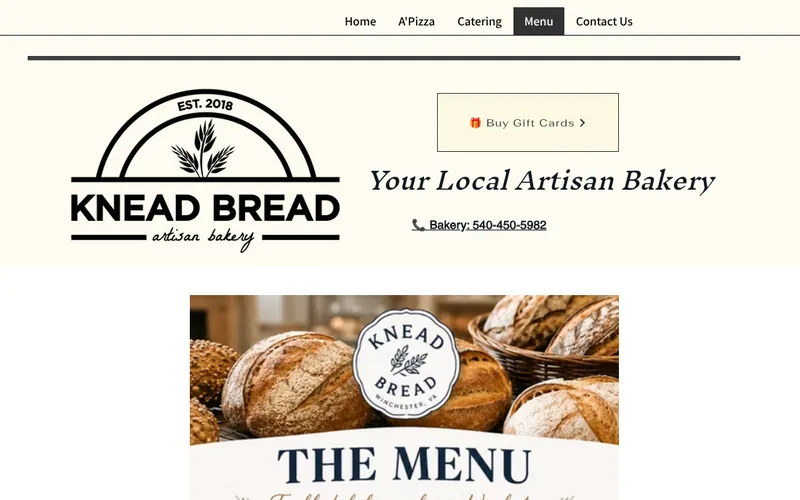 The Menu page listing artisan breads, pastries and sweets