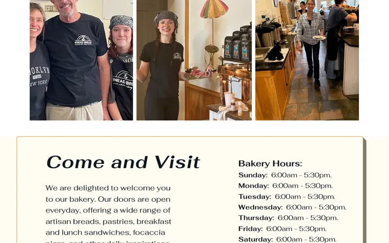 Come and Visit section with daily bakery hours and the downtown address