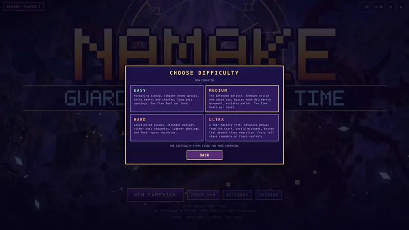Difficulty menu with Easy, Medium, Hard and Ultra options