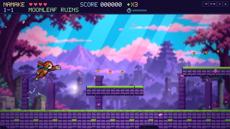 Opening moments of level 1-1 with the double jump tutorial prompt