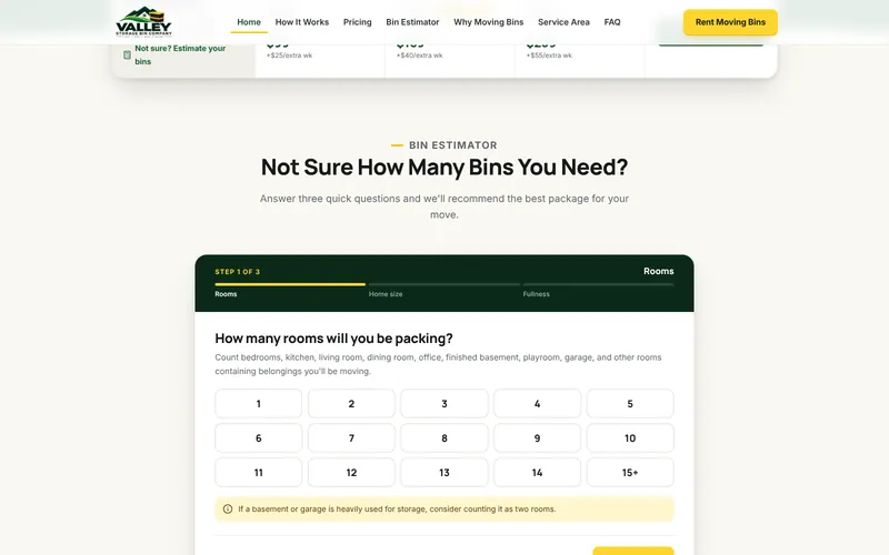 Bin estimator step one asking how many rooms will be packed