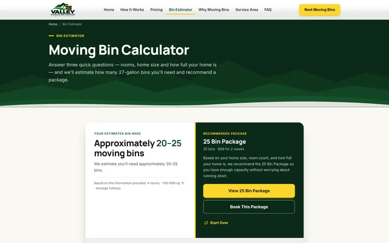 Estimator result showing 20 to 25 bins and a recommended 25 Bin Package
