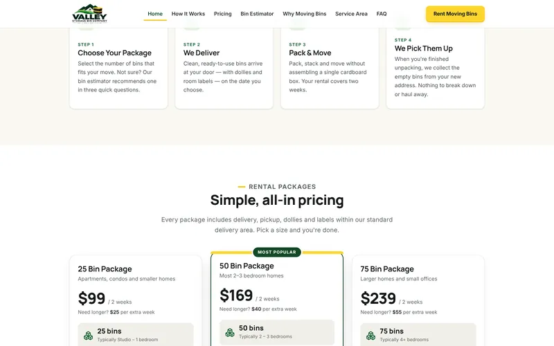 Three rental packages: 25, 50 and 75 bins with two-week pricing